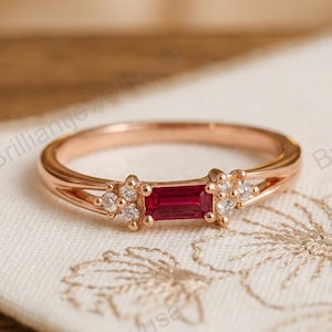 14K Rose Gold Wedding Ring, Baguette Cut Red Ruby East West Proposal Ring, Split Shank Engagement Ring, Side Round Cut Bridal Ring For Her.