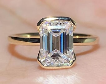 Half Bezel Set 2.5 Ct Emerald Cut Lab Grown Half Bezel Set Solitaire Engagement Ring, 14K Solid Gold One Diamond Dainty Proposal Ring