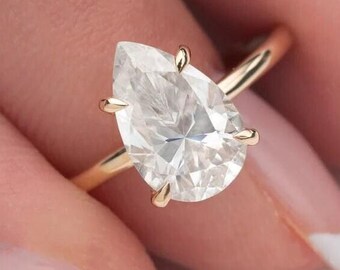 Hidden Halo Wedding Ring, 2.5 Ct Pear Cut Diamond Engagement Ring, Lab Diamond Ring, 18K Solid Yellow Gold Anniversary Ring, Teardrop Ring.