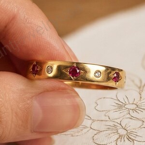 14K Solid Yellow Engagement Ring, Round Cut Women Ring, Red Ruby Proposal Band, Pave Setting Anniversary Ring, Gift For Her, Promise Band.