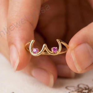 Round Cut Pink Ruby Anniversary Ring, Two Stone Wedding Ring, 10K Solid Yellow Gold Engagement Ring, Unique Curved Women Band, Gift For Her.
