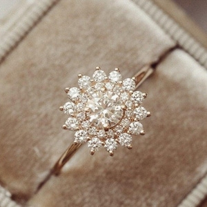Vintage Style Lab Grown Diamond Starburst 1.0 Ct Round Cut Double Halo Engagement Ring, 14K Solid Rose Gold Anniversary Ring, Wedding Gift.