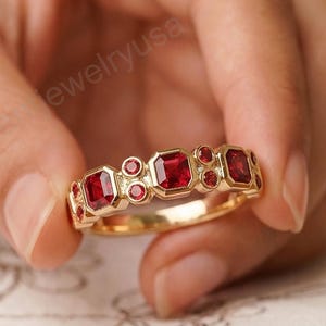 Half Eternity Engagement Band, Asscher & Round Cut Red Ruby Promise Ring, Bezel Setting Anniversary Ring, 10K Solid Yellow Gold Women Ring.