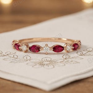 Marquise Cut Red Ruby Proposal Ring, Half Eternity Engagement Ring, Prong Setting Anniversary Ring, 14K Solid Rose Gold Wedding Ring For Her