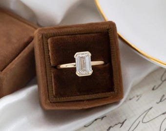 Half Bezel Set Engagement Ring, 2.5 Ct Emerald Cut Lab Diamond Anniversary Ring, 14K Solid Yellow Gold Wedding Ring For Her, Solitaire Ring.