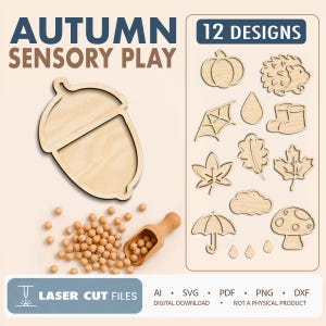 Könnte beinhalten: Ein digitales Dateiset mit dem Titel Autumn Sensory Play mit 12 lasergeschnittenen Designs, darunter eine Eichel, ein Kürbis, ein Igel, ein Spinnennetz, ein Regentropfen, Stiefel, Blätter, eine Wolke, ein Regenschirm und ein Pilz.