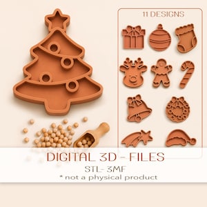 May include: A set of 11 terracotta-colored Christmas-themed cookie cutter designs, including a tree, gift, ornament, stocking, reindeer, gingerbread person, candy cane, bell, wreath, shooting star, and hat. Text reads DIGITAL 3D - FILES STL- 3MF.