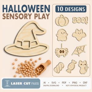 Op de afbeelding: Een set van 10 lasergesneden houten Halloween-ontwerpen voor sensorisch spel, waaronder een heksenhoed, pompoen, spook, vleermuis, spin, web, snoepje en kat. De afbeelding toont digitale bestanden in AI, SVG, PDF, PNG en DXF-bestandsformaten.