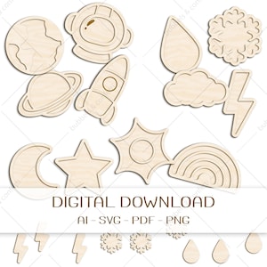 Mini bandejas de jogo cortadas a laser PLANETAS E CLIMA | Formas preenchíveis para caixa sensorial | Download digital SVG