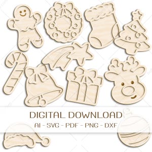 Puede incluir: Un conjunto de adornos navideños de madera sin terminar en varias formas, incluyendo un hombre de jengibre, una corona, un calcetín, un árbol, un bastón de caramelo, una estrella, una campana, un regalo, un reno, un gorro de Papá Noel y una bola. El texto "DESCARGA DIGITAL" se muestra debajo.