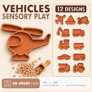 May include: A set of 12 terracotta-colored vehicle-shaped sensory play molds, including a helicopter, airplane, boat, and truck. The digital download includes 3D print files in STL and 3MF formats. A small wooden scoop and light brown beads are shown.
