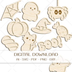 Op de afbeelding: Een verzameling houten Halloween-thema uitsparingen, waaronder een spinnenweb, spook, pompoen, heksenhoed, kat, snoep en het woord "BOO!". De tekst "DIGITALE DOWNLOAD" is ook zichtbaar.