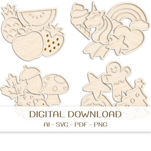 Mini bandejas de juego con archivo cortado con láser Fruta, Unicornio, Otoño y Navidad / Moldes de relleno para contenedor sensorial / Descarga digital SVG.