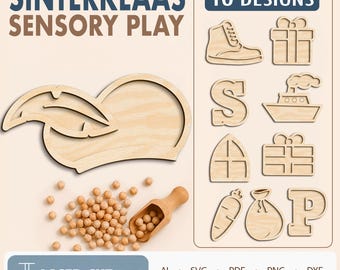 Könnte beinhalten: Ein digitales Dateiset mit dem Titel SINTERKLAAS SENSORY PLAY mit 10 lasergeschnittenen Designs, darunter eine Mitra, ein Schuh, ein Geschenk, der Buchstabe S, ein Dampfschiff, ein Fenster, eine Karotte, ein Sack und der Buchstabe P.