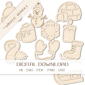Op de afbeelding: Een verzameling lasergesneden houten winterthema vormen, waaronder een sneeuwpop, sneeuwvlok, iglo, kaars, sjaal, wanten, schaats en een warm drankje. De tekst "* WINTER BUNDLE" en "DIGITAL DOWNLOAD" zijn ook aanwezig.