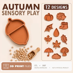 Puede incluir: Una colección digital de 12 diseños de juego sensorial con temática otoñal en color naranja terracota. Incluye una bandeja con forma de bellota, calabaza, erizo, telaraña, botas, gota, hojas, paraguas, seta y nube. Texto: AUTUMN SENSORY PLAY.
