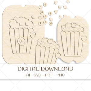 Puede incluir: Descarga digital con temática de palomitas de maíz de madera que presenta tres cubos de palomitas y granos dispersos. Incluye los números 1-10 y el texto "DESCARGA DIGITAL" con opciones de tipo de archivo: AI, SVG, PDF y PNG.