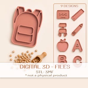Puede incluir: Un conjunto de nueve moldes de silicona rosa polvoriento con formas escolares que incluyen mochila, pizarra con 1+1=2, regla, silla, lápiz, manzana y letras A, B y C. El texto dice 9 DESIGNS, DIGITAL 3D - FILES, STL- 3MF, not a physical product.