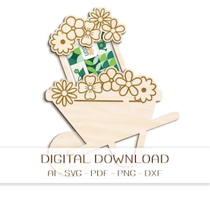 Kruiwagen Cadeaubonhouder SVG – Laserbestand | Tuinbon/bloemenbon Cadeaukaart Houder Template | Digitale Download voor Lasermachine