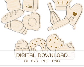 May include: A collection of light-colored wooden kitchen and food-themed cutouts including a slice of bread, milk carton with the word milk, baguette, fried egg, croissant, chef hat, whisk, oven mitt with a heart, rolling pin, cupcake, donut, and cookie.