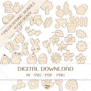 May include: A collection of 42 wooden spring-themed designs, including animals, flowers, and garden tools. The designs are in a light wood color and include a dog, bunny, chick, and tractor. The text "MEGA SPRING BUNDLE" and "DIGITAL DOWNLOAD" are also present.