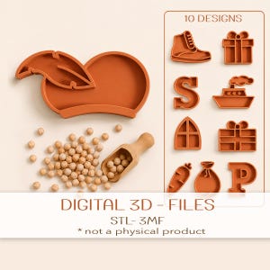 May include: A collection of orange silicone-style molds for sensory play, including a large feather-shaped tray, a wooden scoop, and small round beads. A sidebar displays 10 designs including a shoe, gift, letter S, ship, window, and letter P. Text reads: DIGITAL 3D - FILES STL- 3MF * not a physical product.
