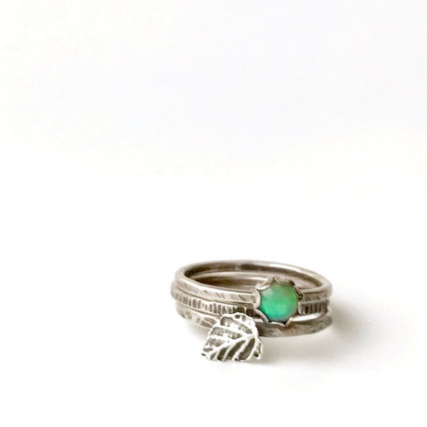 Stacking ring set with natural opal and birch leaf, size 5 ring