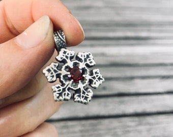 Snowflake necklace with garnet, sterling silver handmade necklace, winter jewelry