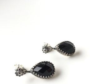 Faceted onyx drop earrings, gothic earrings, sterling silver dangle earrings