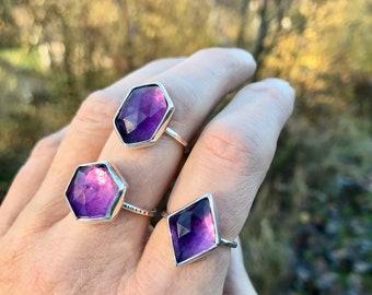 Geometric amethyst rings, sterling silver rings, hexagon rings