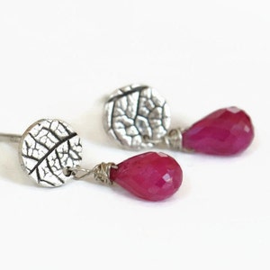Ruby stud earrings. Silver post earrings with pink ruby drops, silver stud earrings, silver posts with drops, ruby drop earrings image 1