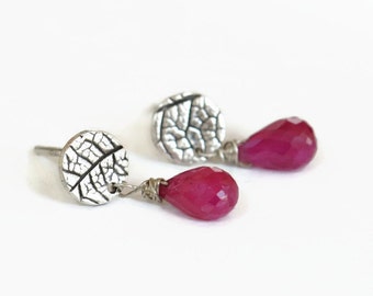 Ruby stud earrings. Silver post earrings with pink ruby drops, silver stud earrings, silver posts with drops, ruby drop earrings