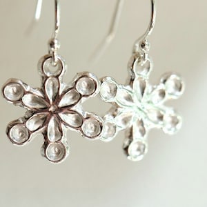 Silver snowflake earrings, sterling silver and fine silver dangle earrings, winter jewellery, christmas earrings.