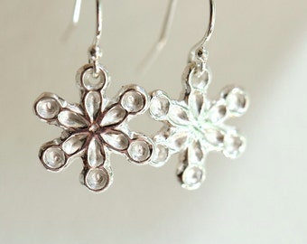 Silver snowflake earrings, sterling silver and fine silver dangle earrings, winter jewellery, christmas earrings.