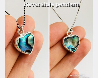 Handmade abalone shell heart pendant in silver, two sided reversible pendant, valentines necklace, sterling silver chain included