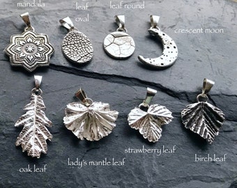 Silver pendants, layering necklaces, leaf necklace, moon necklace