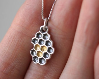 Honeycomb pendant, silver with gold honey details and sterling silver box chain, honeycomb jewelry, beekeepers gift