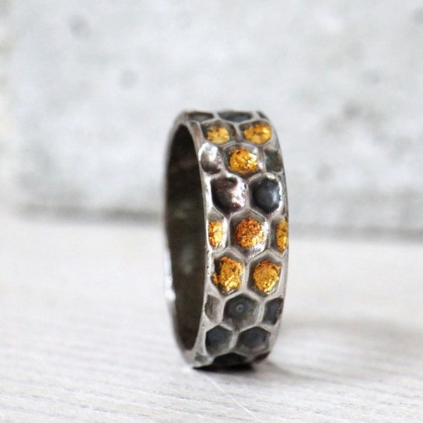 Honeycomb ring, bee ring, sterling silver ring with 22K gold honey details, beekeeper gift, made to order ring