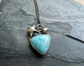 Manta ray mother and baby necklace with larimar, proceeds to Manta Trust