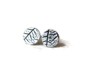 Handmade silver stud earrings with leaf texture, each pair unique, minimalist jewelry, gardeners gift