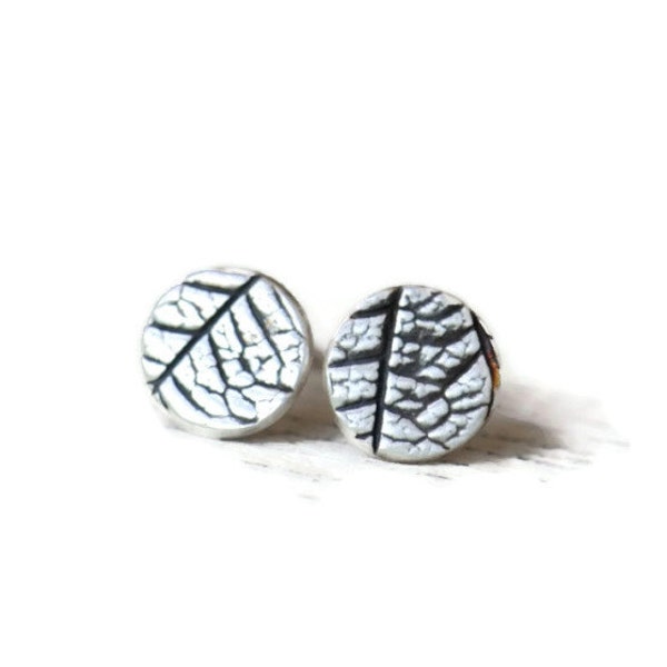 Handmade silver stud earrings with leaf texture, each pair unique, minimalist jewelry, gardeners gift