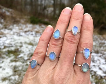 Rainbow moonstone rings, sterling silver, sizes 4 to 9