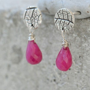 Ruby stud earrings. Silver post earrings with pink ruby drops, silver stud earrings, silver posts with drops, ruby drop earrings image 5