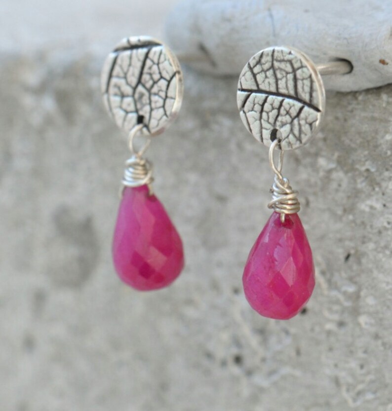 Ruby stud earrings. Silver post earrings with pink ruby drops, silver stud earrings, silver posts with drops, ruby drop earrings image 5
