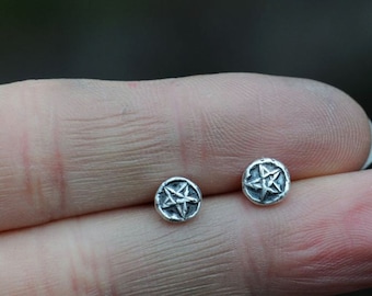 Pentagram earrings, wicca jewelry, tiny pentacle studs, sterling silver post earrings