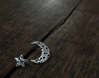 Silver crescent moon and star earrings, silver star studs, silver moon studs, moon earrings, crescent moon studs