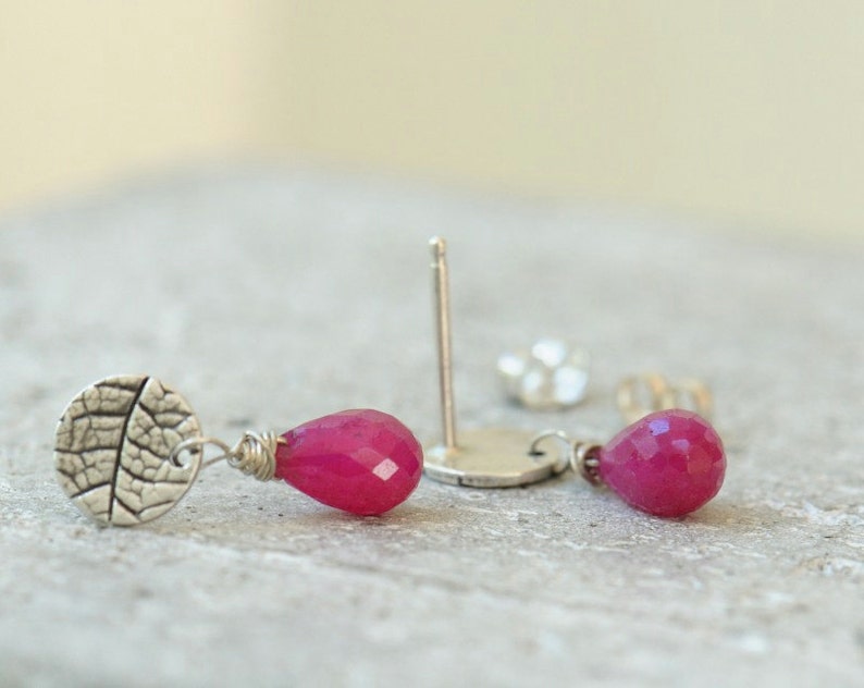 Ruby stud earrings. Silver post earrings with pink ruby drops, silver stud earrings, silver posts with drops, ruby drop earrings image 3