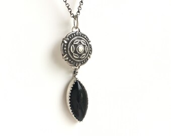 Silver onyx necklace, black onyx pendant, marquise gemstone pendant with sterling silver chain