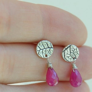 Ruby stud earrings. Silver post earrings with pink ruby drops, silver stud earrings, silver posts with drops, ruby drop earrings image 4