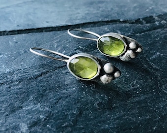 Peridot pebble earrings, sterling silver dangle earrings